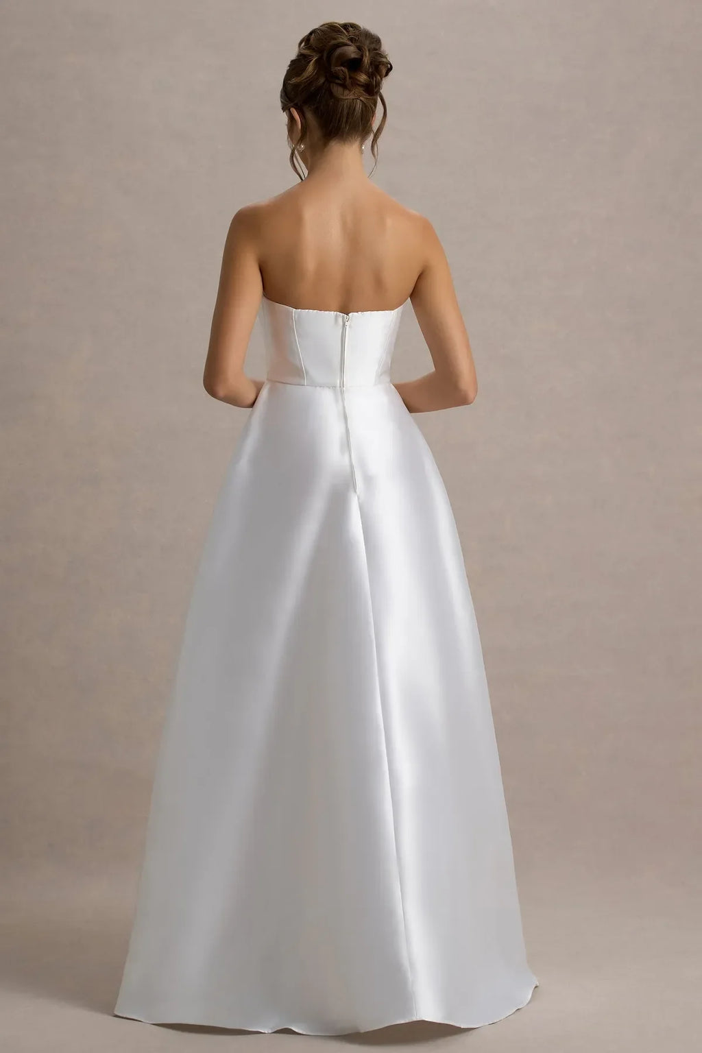 White Strapless Prom Dresses with Asymmetric Draped Detail for Timeless Bridal Glamour