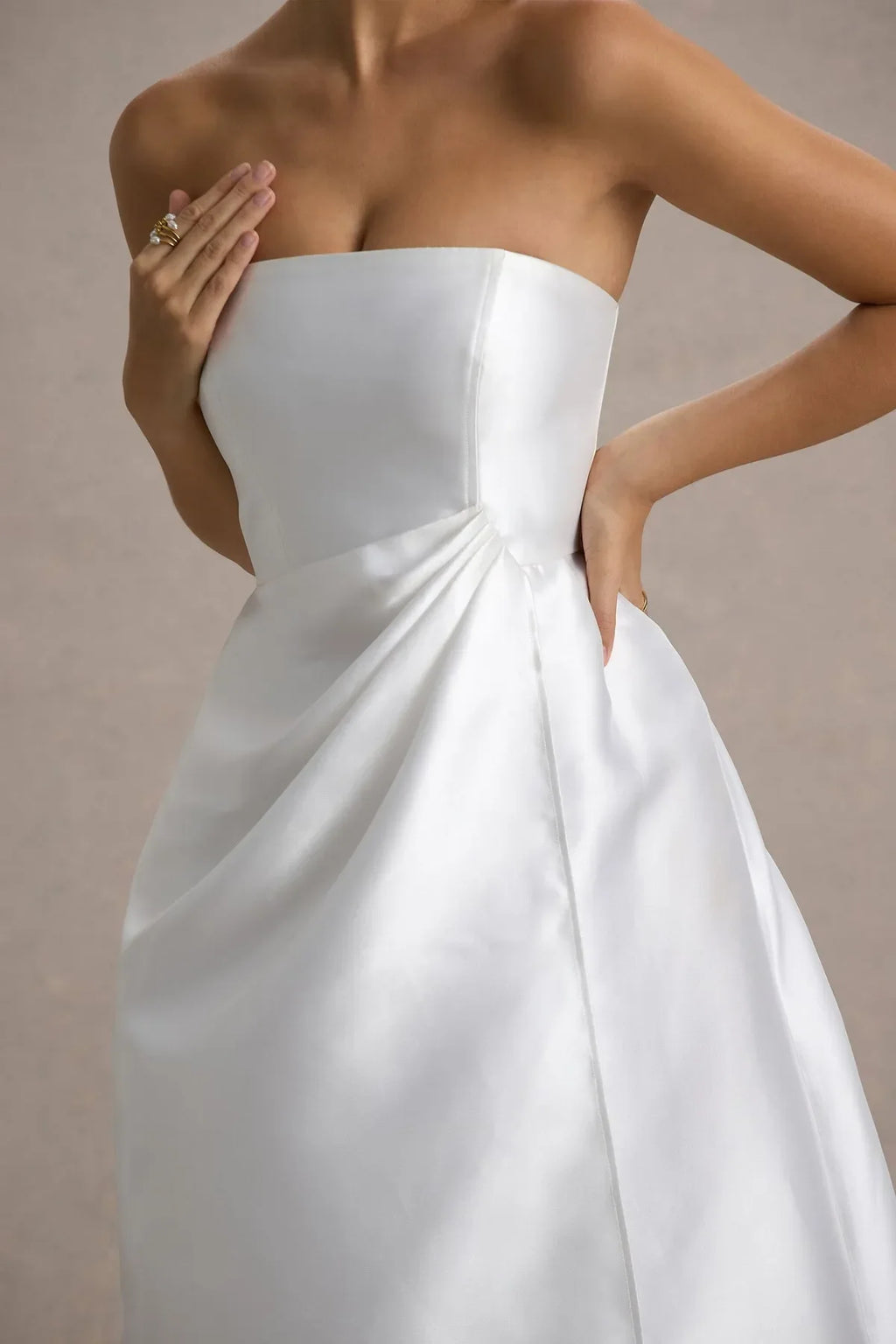 White Strapless Prom Dresses with Asymmetric Draped Detail for Timeless Bridal Glamour
