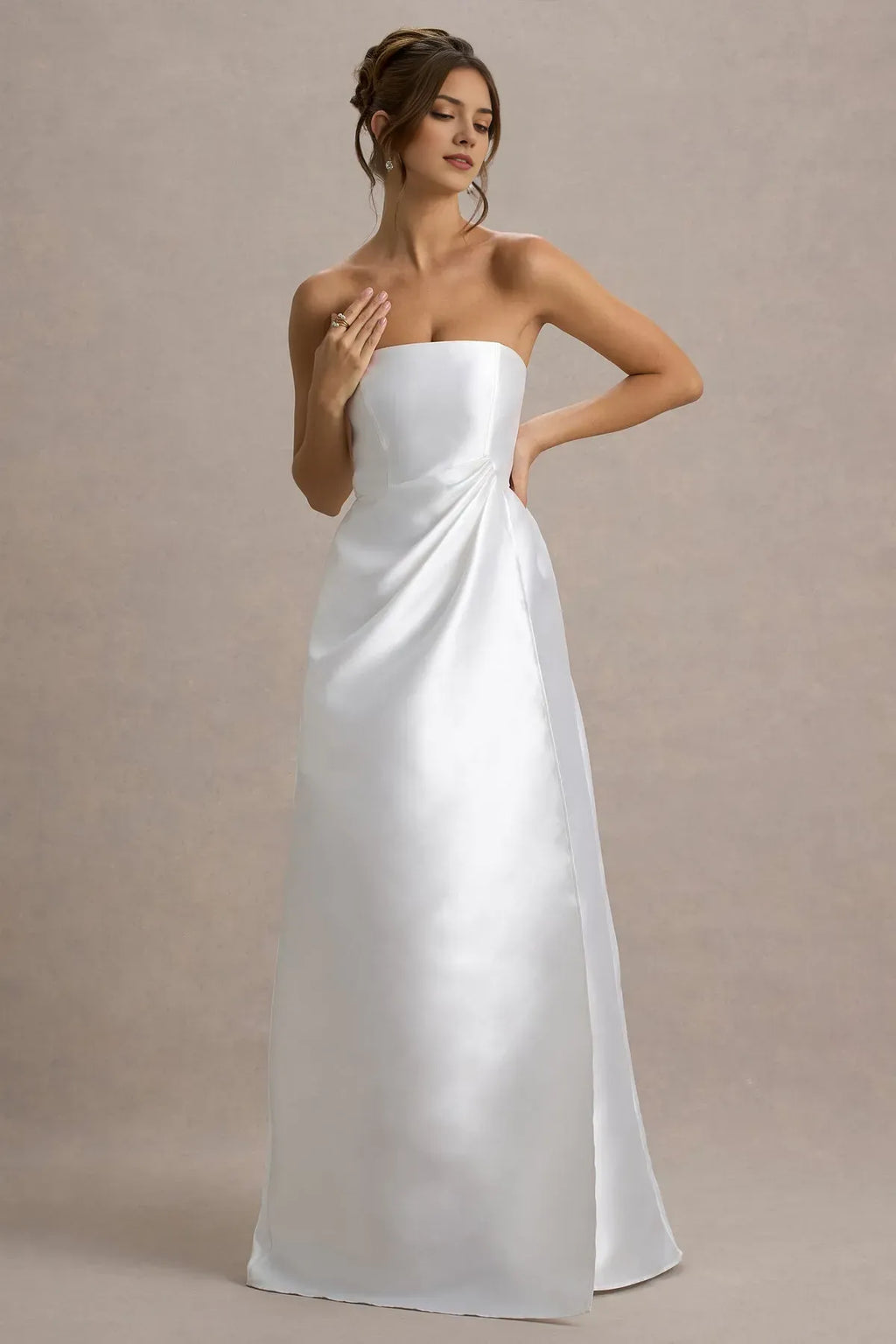 White Strapless Prom Dresses with Asymmetric Draped Detail for Timeless Bridal Glamour