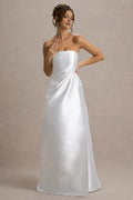 White Strapless Prom Dresses with Asymmetric Draped Detail for Timeless Bridal Glamour