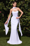 White Strapless Prom Dresses with Draped Detailing and Flowing Sash Accents for Formal Occasions