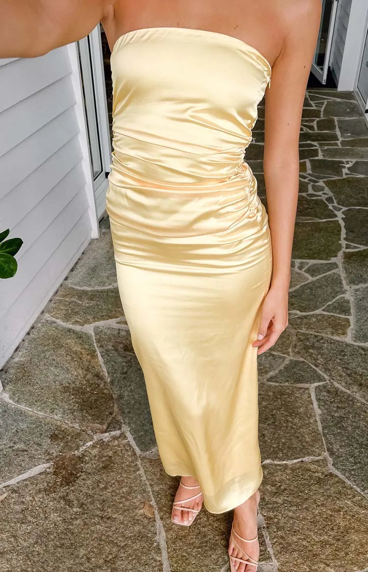 Yellow Strapless Prom Dress Ruched Bodice Floor Length Silhouette for a Sophisticated Glamorous Look