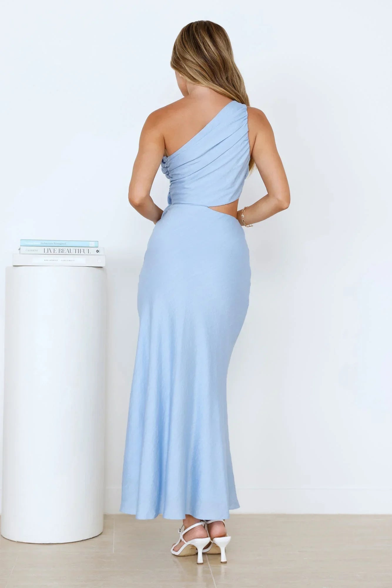 Blue Mermaid One Shoulder 3D Flower Cutout Waist Maxi Prom Dress