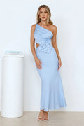 Blue Mermaid One Shoulder 3D Flower Cutout Waist Maxi Prom Dress