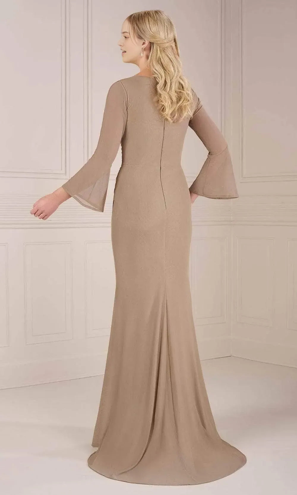 Taupe Evening Dress with V - Neckline Bell Sleeves Draped Bodice and High Side Slit for Formal Occasions
