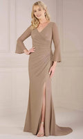 Taupe Evening Dress with V - Neckline Bell Sleeves Draped Bodice and High Side Slit for Formal Occasions