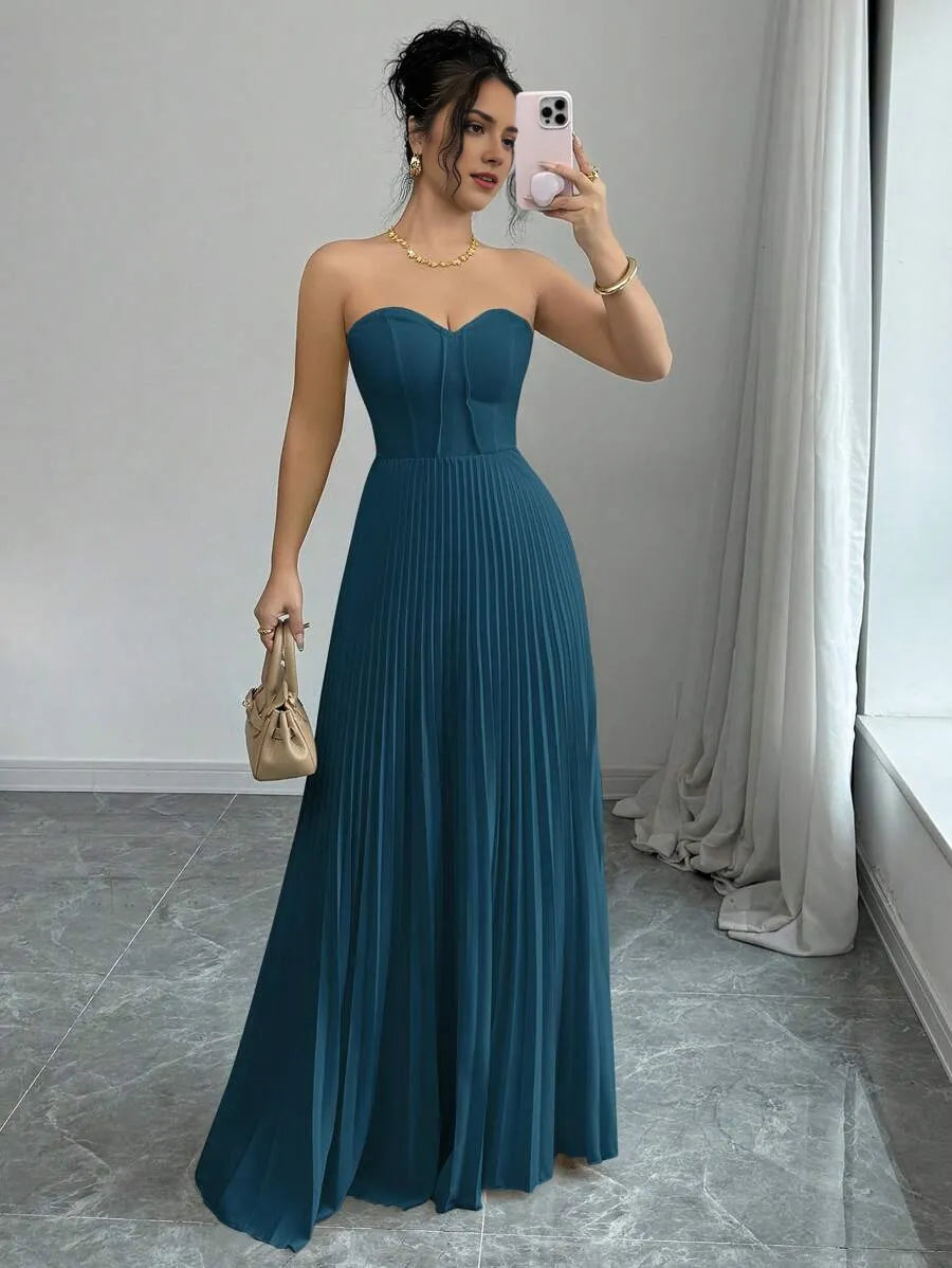 Blue Teal A-Line Strapless Sleeveless Back Zip Floor-Length Pleated Bodice Prom Dresses