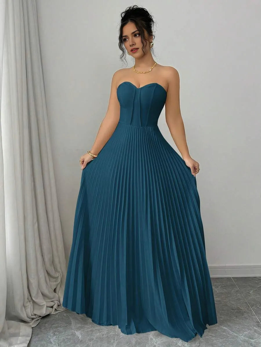 Blue Teal A-Line Strapless Sleeveless Back Zip Floor-Length Pleated Bodice Prom Dresses