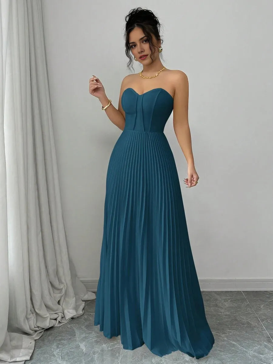 Blue Teal A-Line Strapless Sleeveless Back Zip Floor-Length Pleated Bodice Prom Dresses