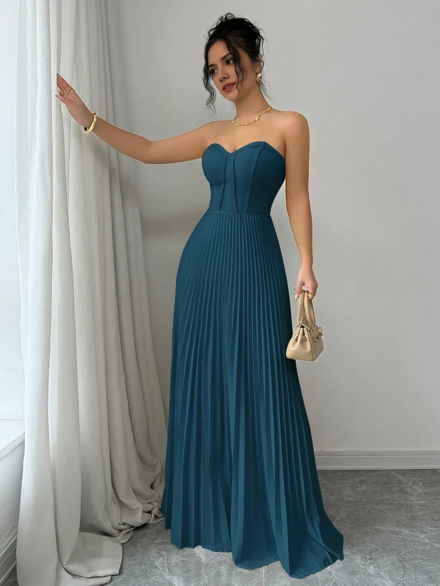 Blue Teal A-Line Strapless Sleeveless Back Zip Floor-Length Pleated Bodice Prom Dresses