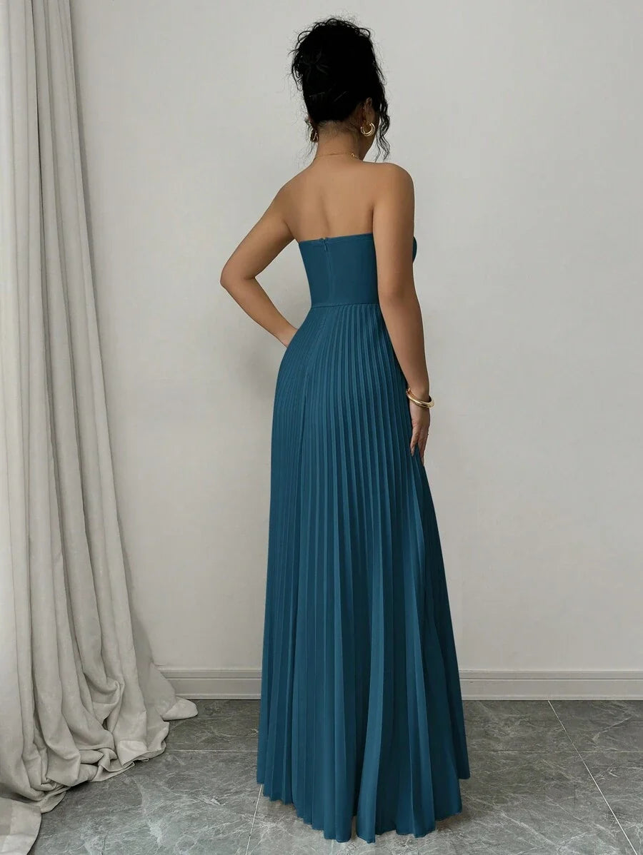 Blue Teal A-Line Strapless Sleeveless Back Zip Floor-Length Pleated Bodice Prom Dresses