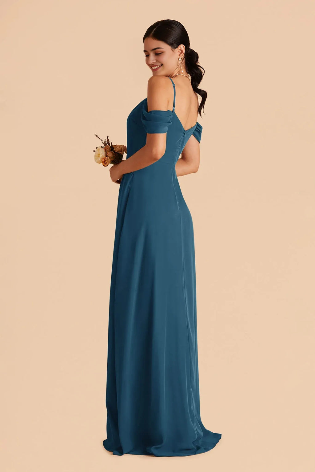 Teal Ball Gown with Cold Shoulder Sleeves and Side Slit Perfect for Formal Galas and Prom Dresses