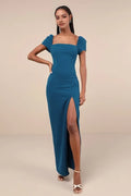 Teal Prom Dress with Square Neckline Puffed Short Sleeves Figure - Hugging Fit and High Thigh Side Slit for Formal Occasions
