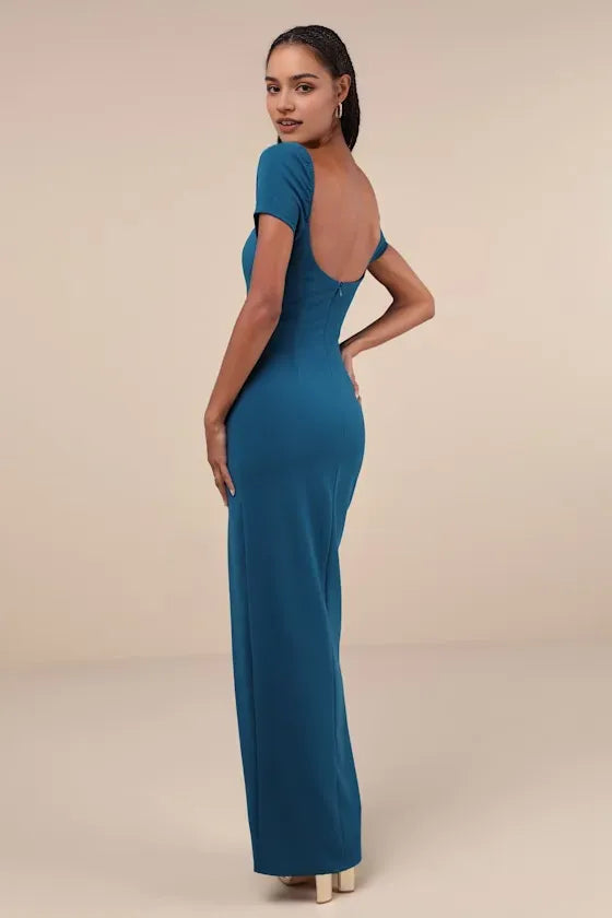 Teal Prom Dress with Square Neckline Puffed Short Sleeves Figure - Hugging Fit and High Thigh Side Slit for Formal Occasions