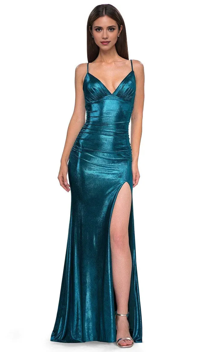 Teal Metallic Prom Dress with Spaghetti Straps Deep V Neckline Ruched Detailing and High Side Slit for Formal Occasions