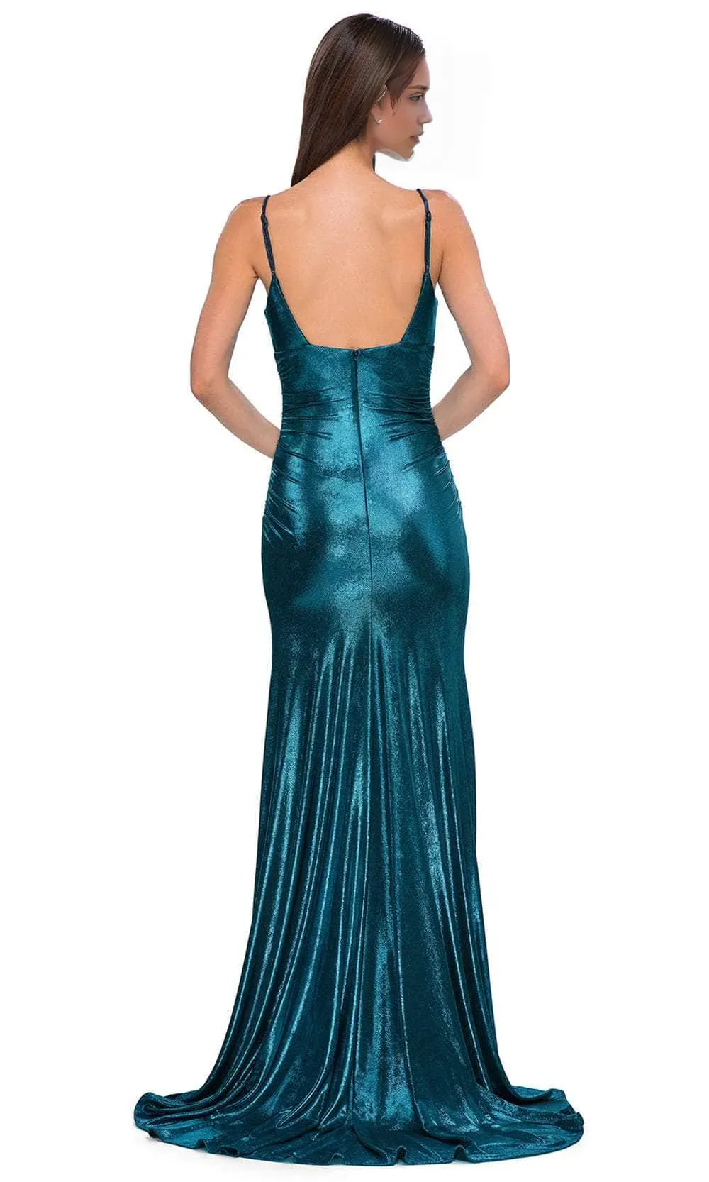 Teal Metallic Prom Dress with Spaghetti Straps Deep V Neckline Ruched Detailing and High Side Slit for Formal Occasions