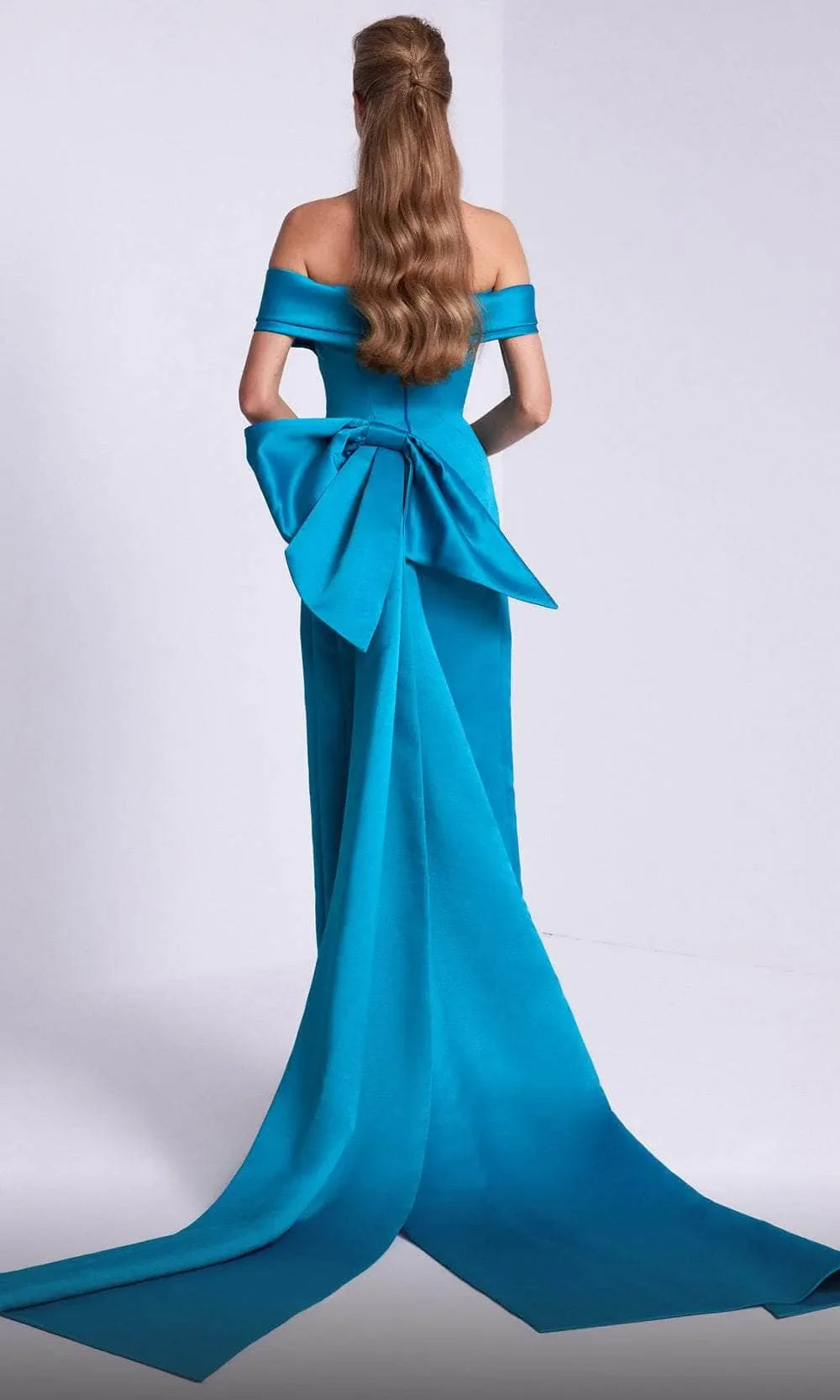 Teal Off Shoulder Evening Gown with Draped Neckline and Bow Accent for Formal Occasions