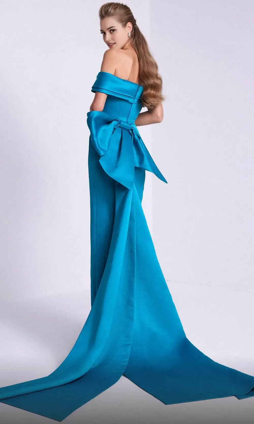 Teal Off Shoulder Evening Gown with Draped Neckline and Bow Accent for Formal Occasions