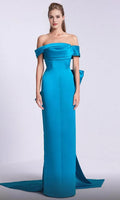 Teal Off Shoulder Evening Gown with Draped Neckline and Bow Accent for Formal Occasions