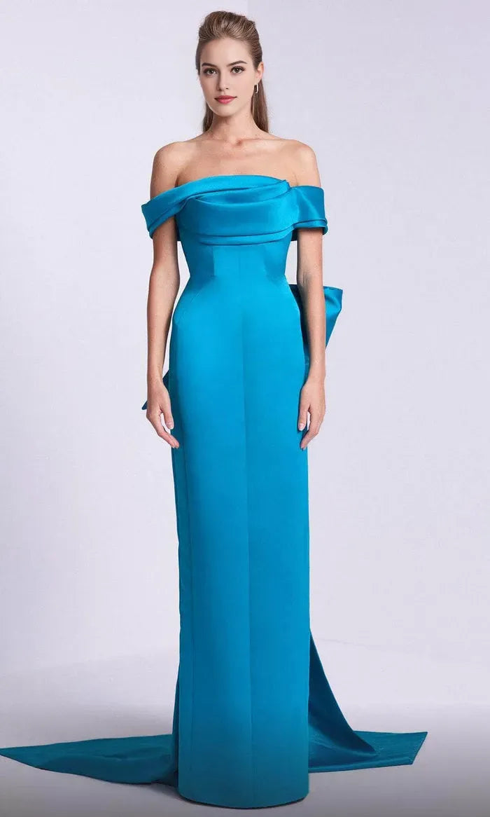 Teal Off Shoulder Evening Gown with Draped Neckline and Bow Accent for Formal Occasions