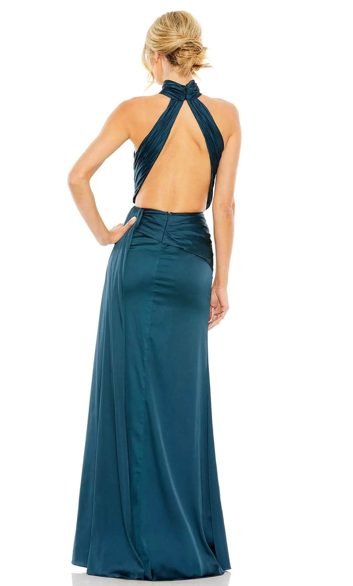 Teal Halter Neck Prom Dresses with Ruched Detailing and High Side Slit for Formal Occasions