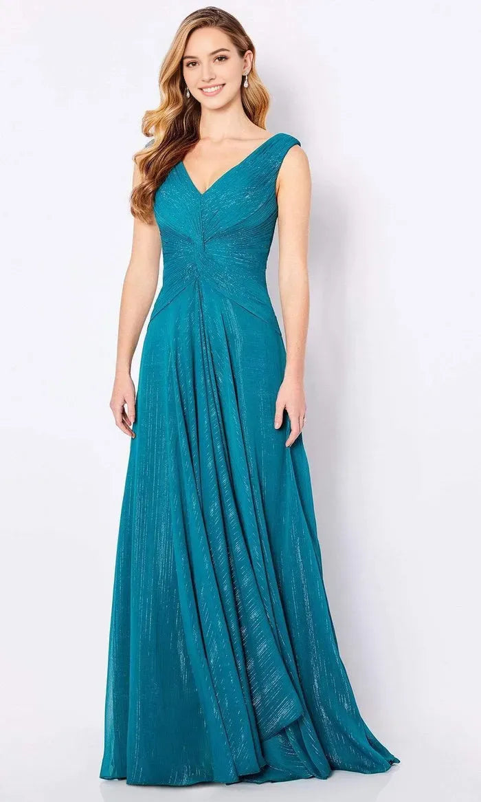 Teal Shimmering Evening Gown with Deep V - Neckline Pleated Bodice and Flowing A Line Skirt for Formal Galas and Special Occasions