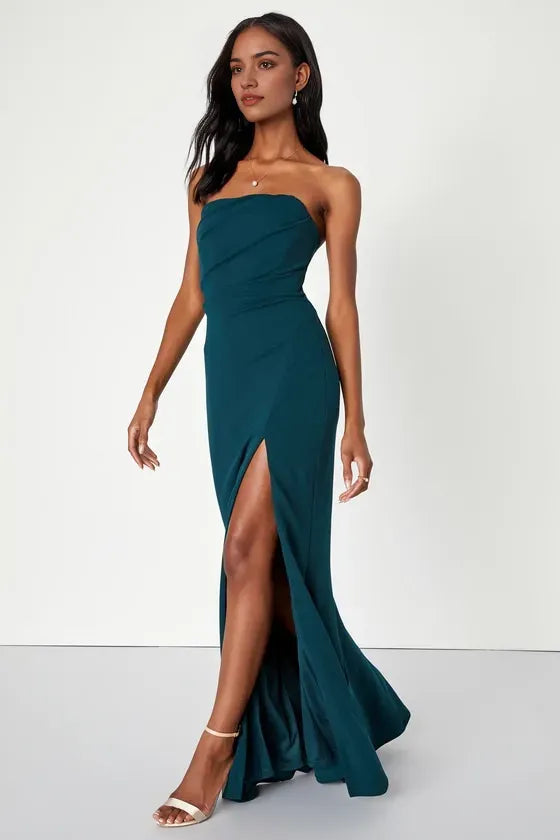 Teal Strapless Prom Dress with Side Slit and Draped Bodice Perfect for Formal Occasions