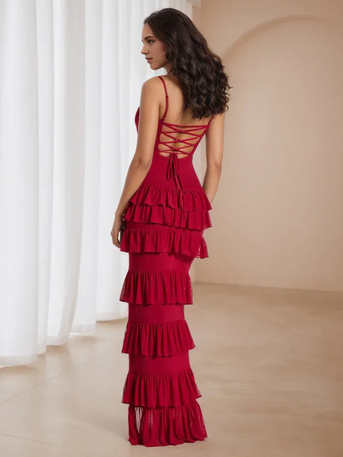 Red Tie Red Prom Gown Mermaid Silhouette Spaghetti Straps