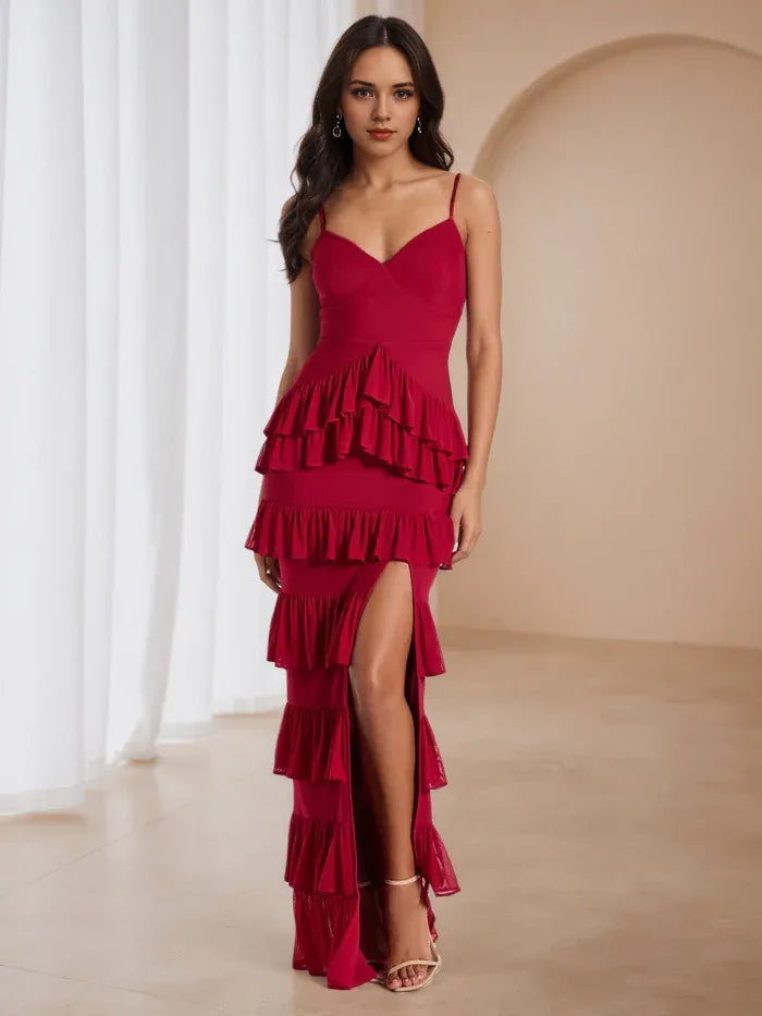 Red Tie Red Prom Gown Mermaid Silhouette Spaghetti Straps