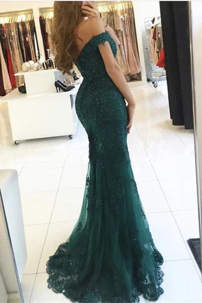 Green Off-the-shoulder Mermaid Evening Dress Sequins Long