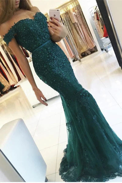 Green Off-the-shoulder Mermaid Evening Dress Sequins Long