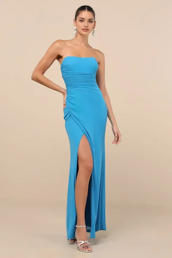 Turquoise Strapless Prom Dress with Ruched Bodice Asymmetric Draped Skirt and High Thigh Side Slit for Formal Occasions