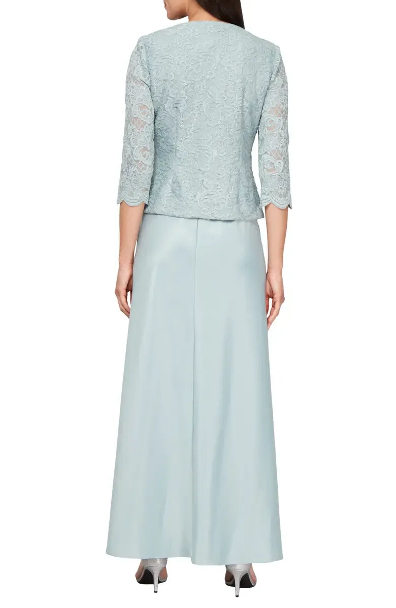 Elegant Dusty Blue Satin Square Neck Long Sleeve Floor-Length Mother of the Bride Dress
