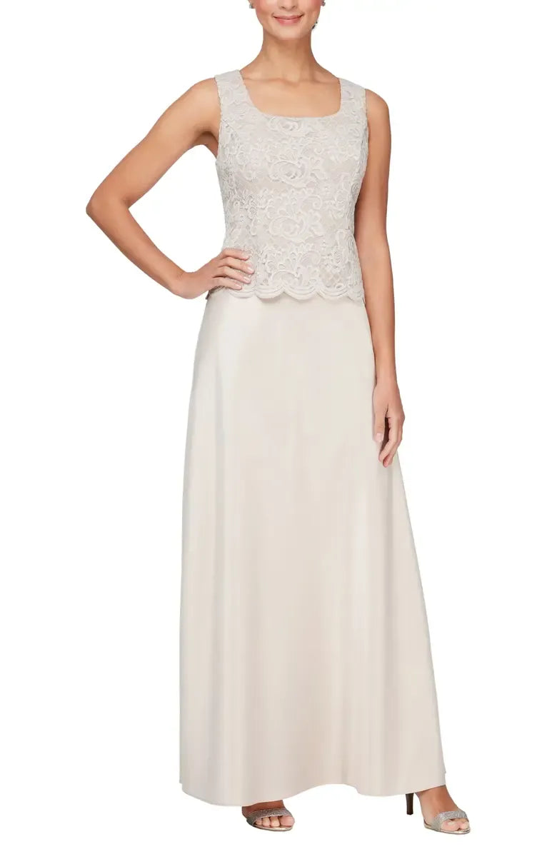 Elegant Dusty Blue Satin Square Neck Long Sleeve Floor-Length Mother of the Bride Dress