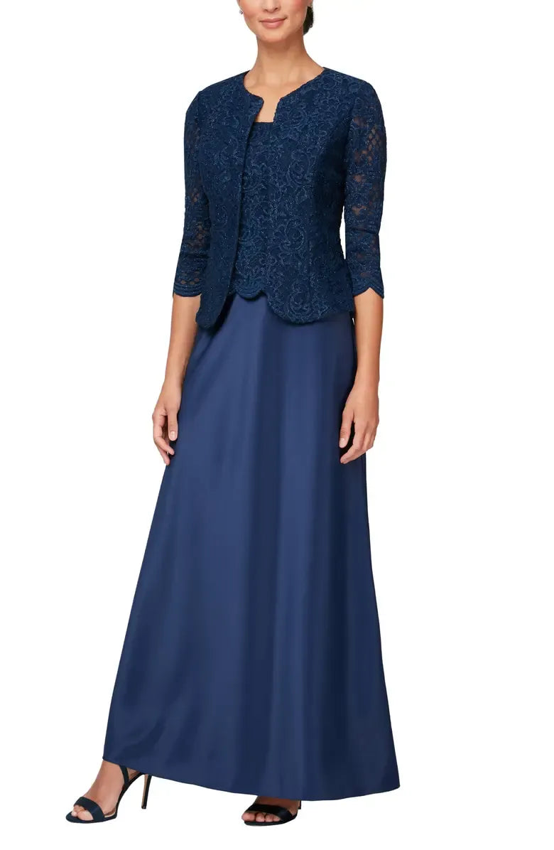Elegant Dusty Blue Satin Square Neck Long Sleeve Floor-Length Mother of the Bride Dress