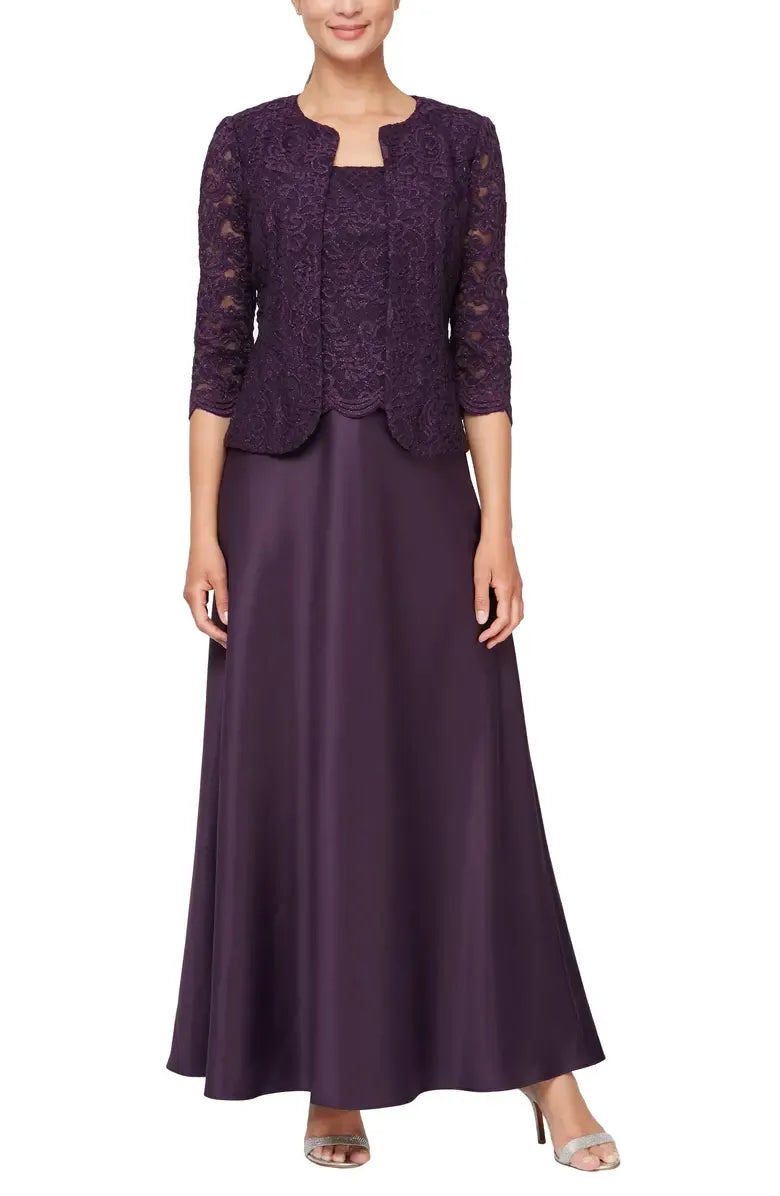 Elegant Dusty Blue Satin Square Neck Long Sleeve Floor-Length Mother of the Bride Dress