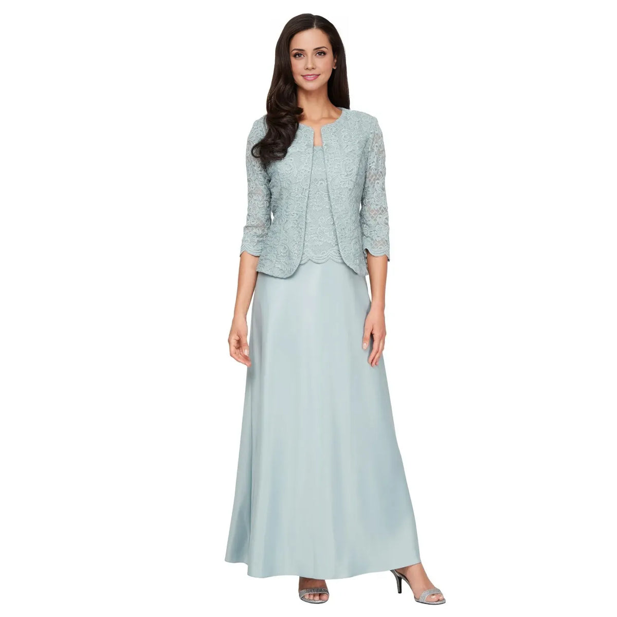 Elegant Dusty Blue Satin Square Neck Long Sleeve Floor-Length Mother of the Bride Dress