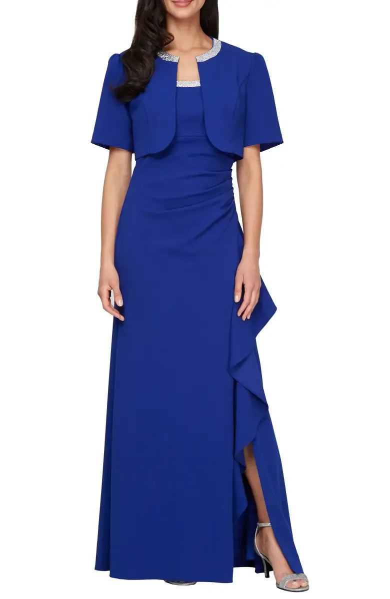 Graceful Elegant Royal Blue Short Sleeve Floor-Length Mother of the Bride Dress