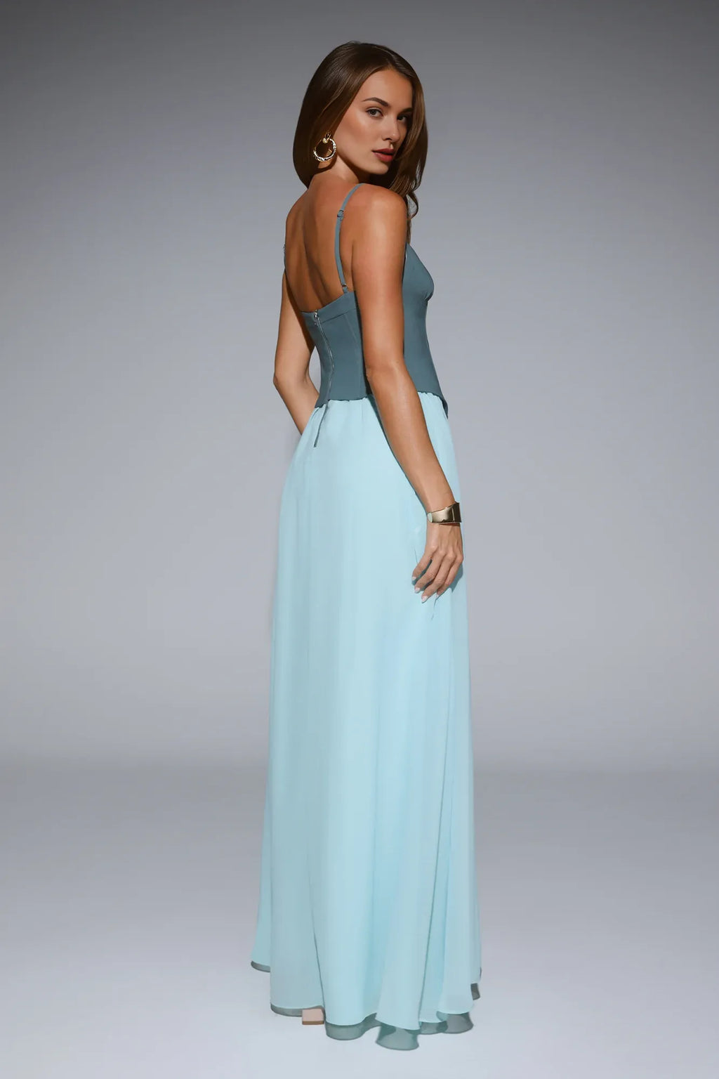Teal Two Tone Spaghetti Straps Corset Maxi Prom Dress