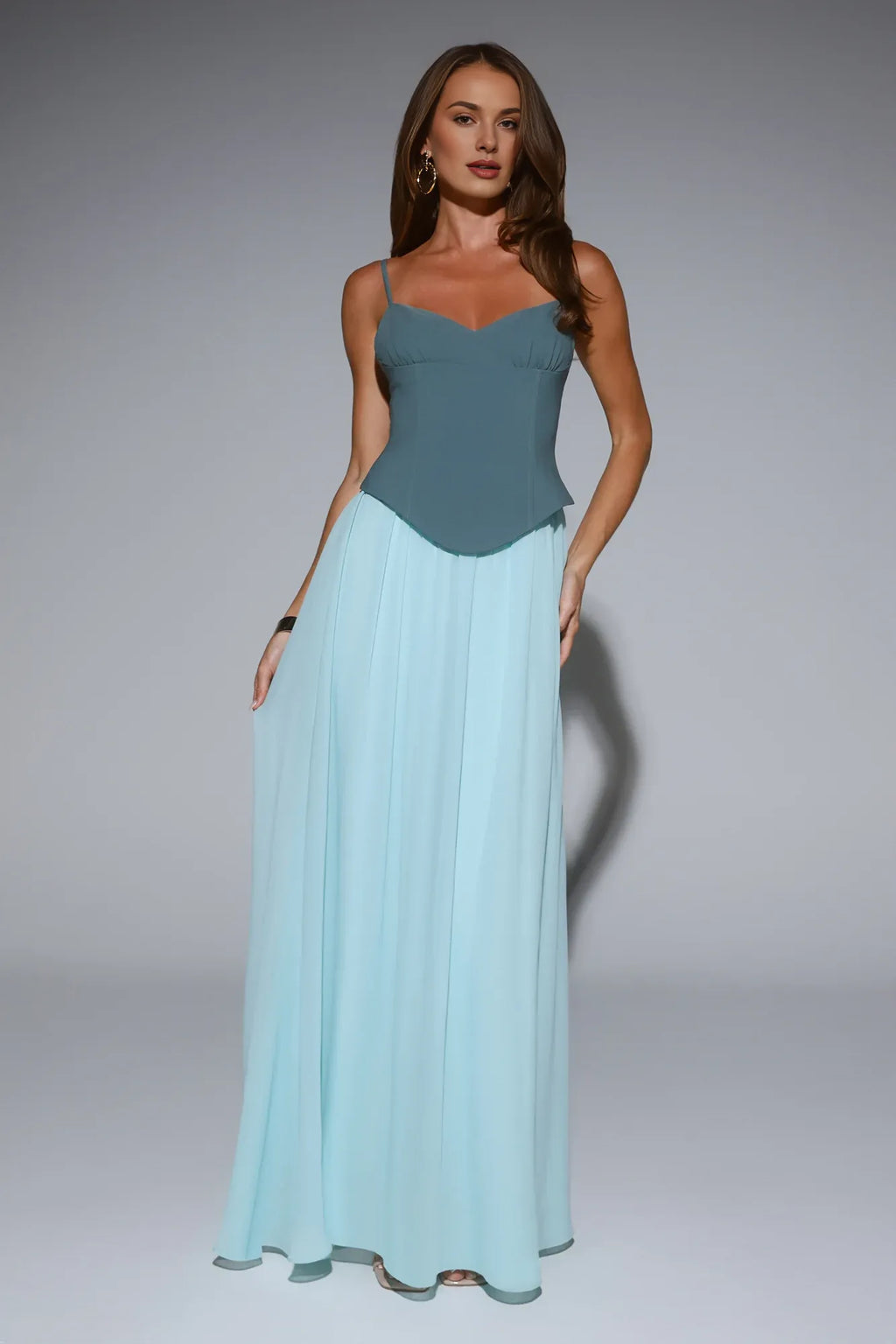 Teal Two Tone Spaghetti Straps Corset Maxi Prom Dress