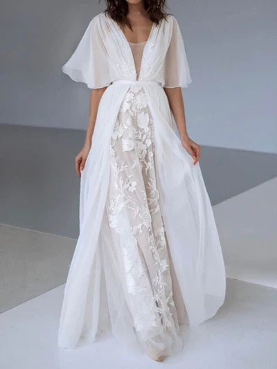 Wedding Dresses V Neck Half Sleeves Backless Bridal Gown