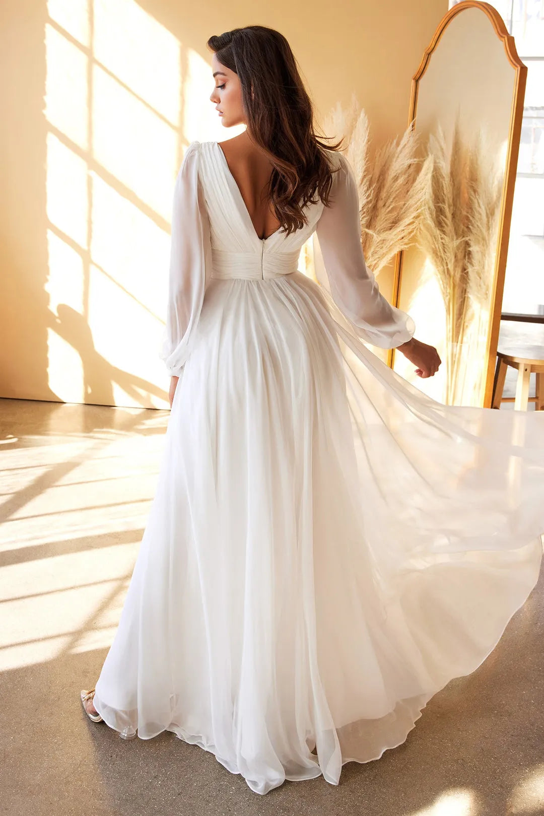 White Prom Dress with Deep V Neck Sheer Puff Sleeves and Ruched Waist Detail for Timeless Glamour