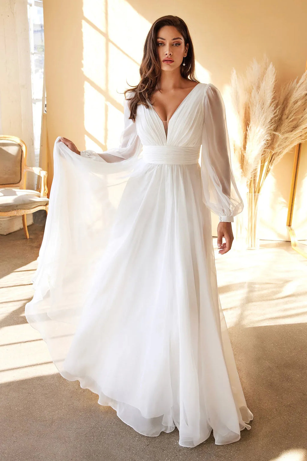White Prom Dress with Deep V Neck Sheer Puff Sleeves and Ruched Waist Detail for Timeless Glamour