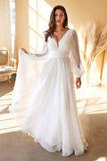 White Prom Dress with Deep V Neck Sheer Puff Sleeves and Ruched Waist Detail for Timeless Glamour