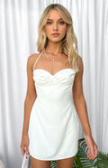 White Halter Homecoming Dress Ruched Bust Halter Straps Mini Length for a Sophisticated Vibe