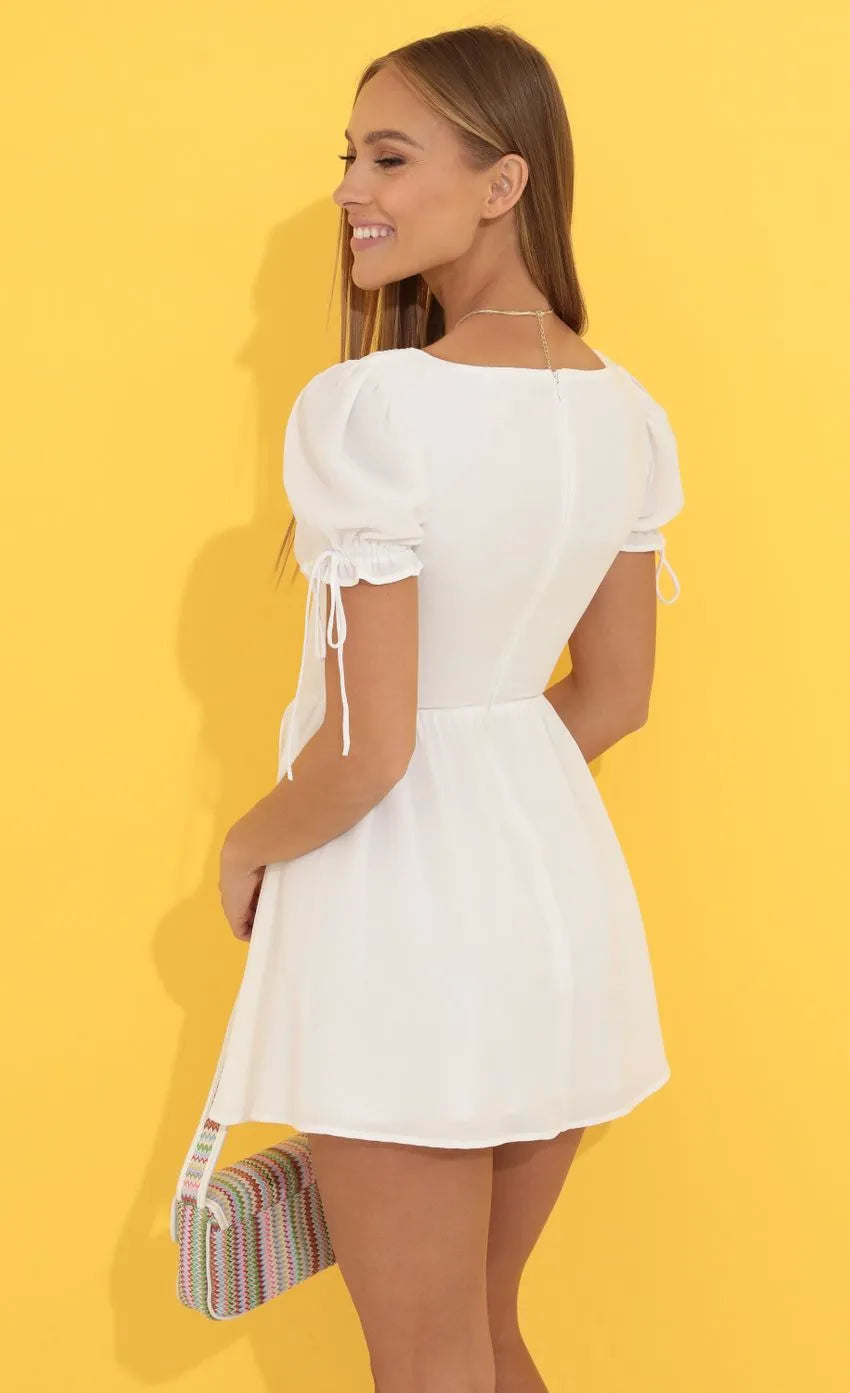 White Homecoming Dress with Plunging V Neck Bodice Halter Design and Flared Skirt