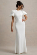 White Mermaid - Style Prom Dress with Puff Sleeves and High Neckline for Timeless Glamour