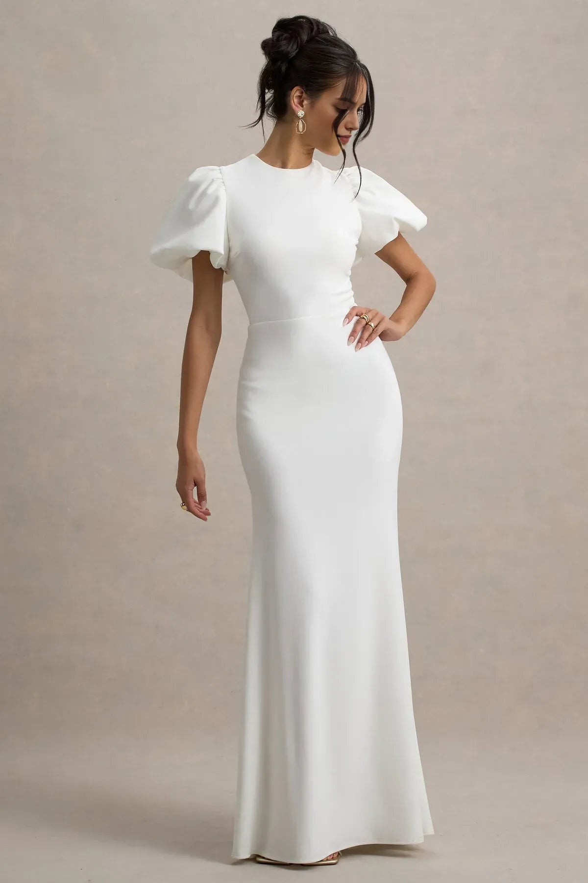 White Mermaid - Style Prom Dress with Puff Sleeves and High Neckline for Timeless Glamour