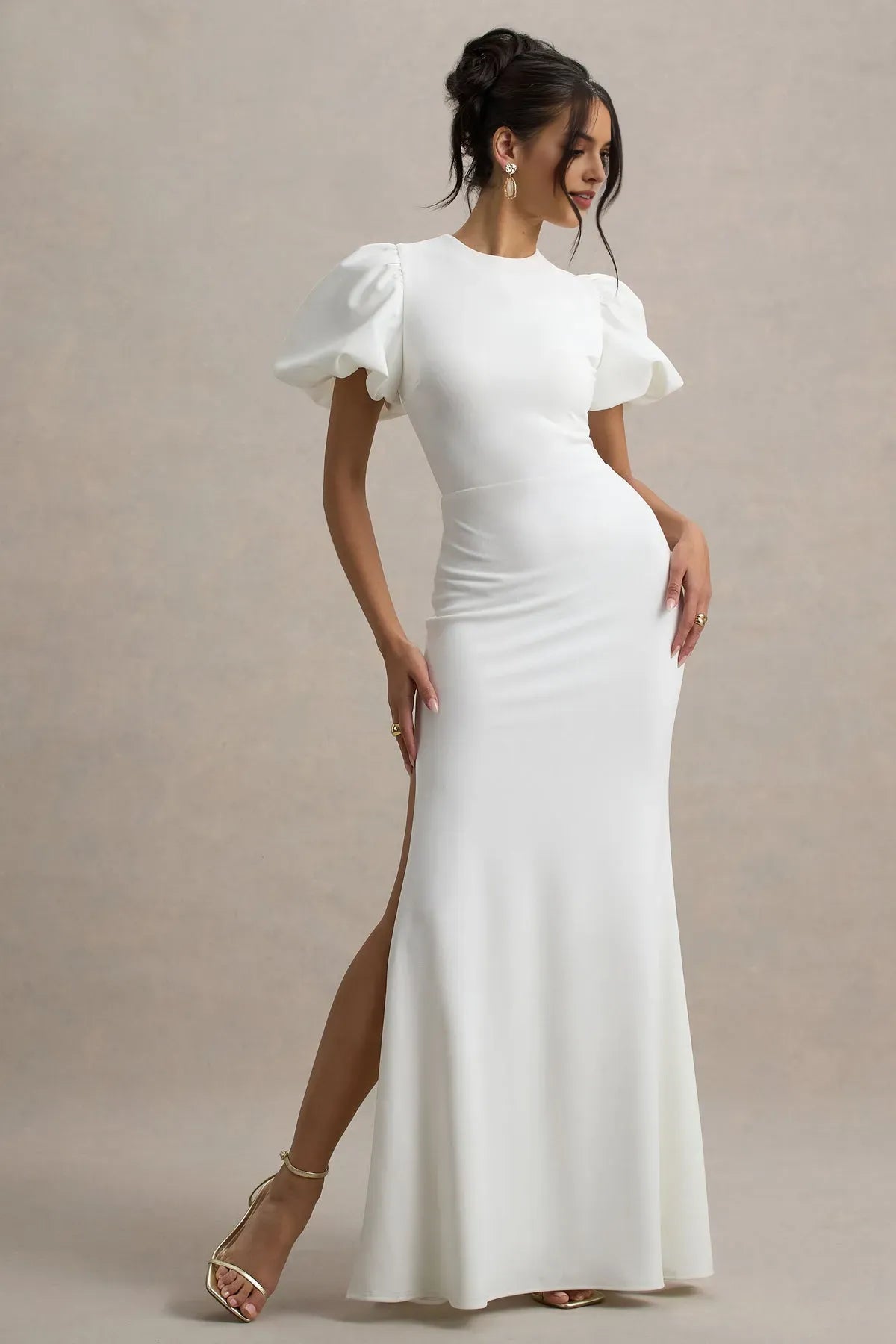White Mermaid - Style Prom Dress with Puff Sleeves and High Neckline for Timeless Glamour