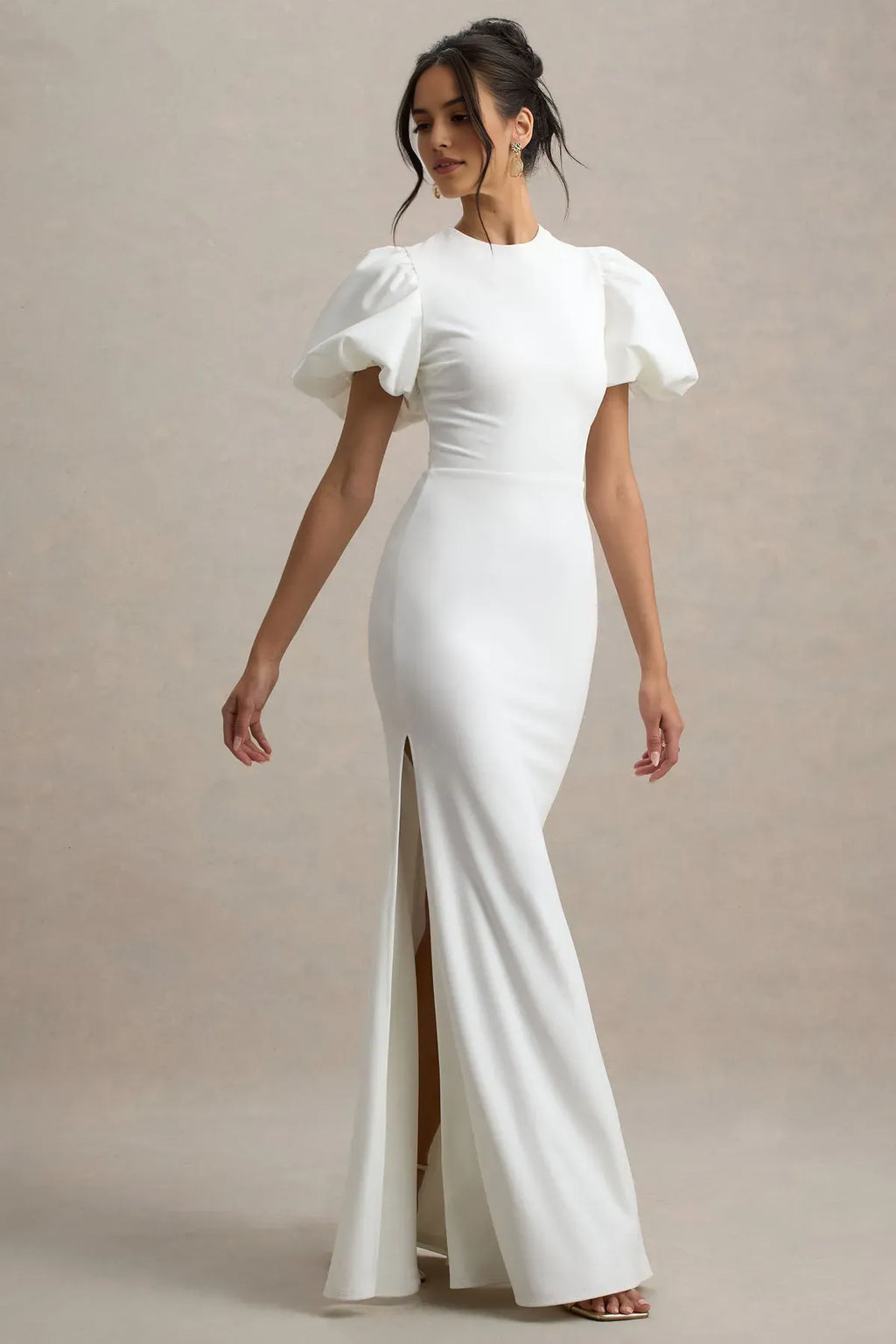 White Mermaid - Style Prom Dress with Puff Sleeves and High Neckline for Timeless Glamour